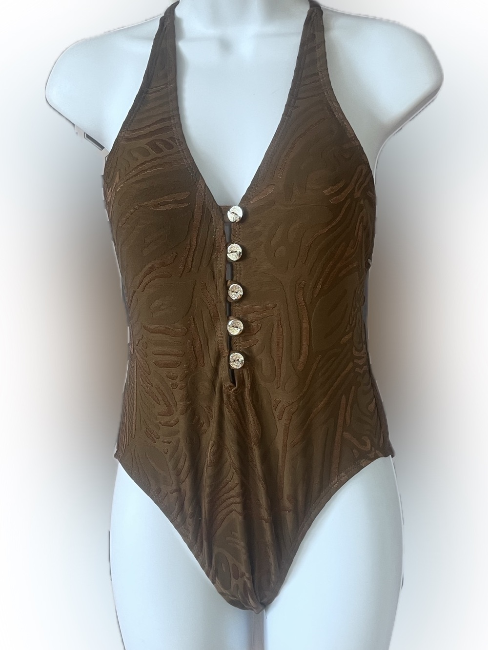 Vintage St. John Brown Textured Halter One-Piece Swimsuit with Button Front